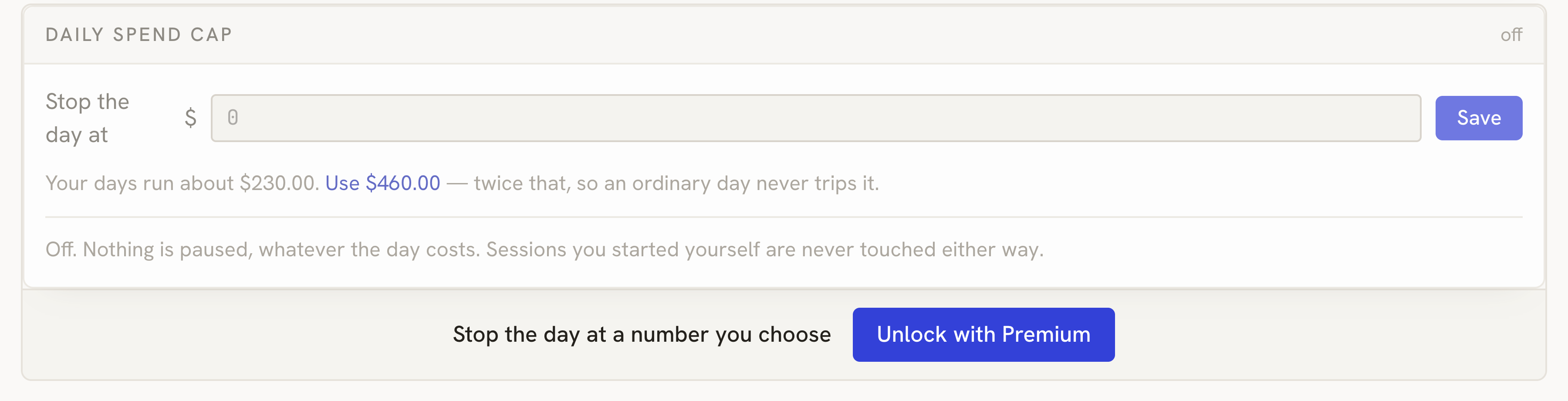 The daily spend cap panel on the Cost screen, locked, with an Unlock with Premium button