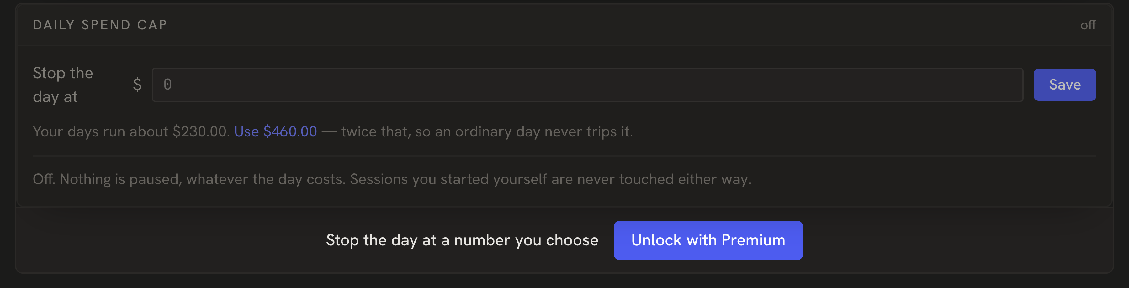 The daily spend cap panel on the Cost screen, locked, with an Unlock with Premium button
